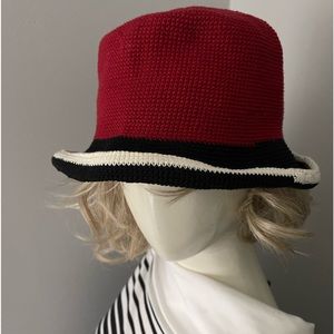 Knitted Red hat with striped trim Hand Truck one size fits all